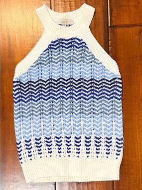 LOFT White with Light Blue & Navy Chevron Halter Knit Sweater